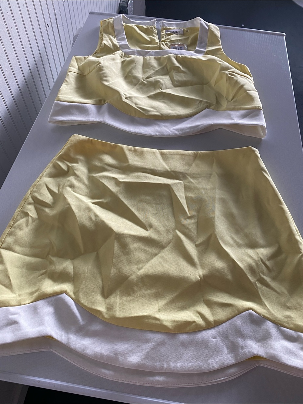 vestique Yellow and White Two-Piece Skirt Set. Top is med, skirt is large. Nwt